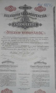 Belvárosi Takarékpénztár záloglevél 5000 korona 1910