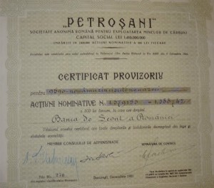 Petrosani Actiuni 500 Lei 1931