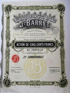 Fabrique De Soieries J. Barret 1929 Paris francia részvény