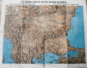 Panoráma térkép Balkán Duna 1877 Relief Karte Balkan Donau régi map