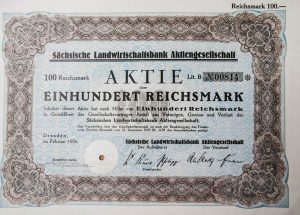 Sachsische LAndwirtschaaftsbank Aktiengesellschaft 1926 Aktie, régi német részvény, értékpapír,