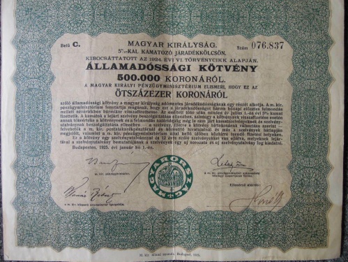 Államadóssági kötvény 500.000 korona 1925