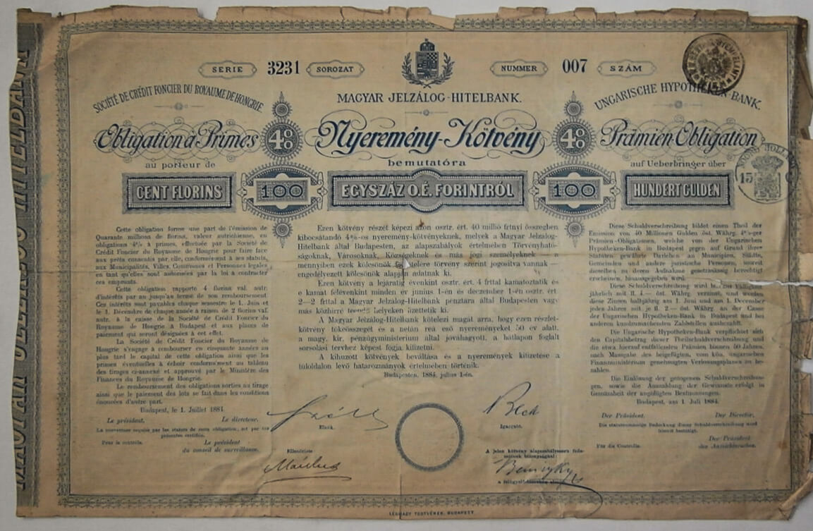 Magyar Jelzálog Hitelbank Nyeremény Kötvény 1881