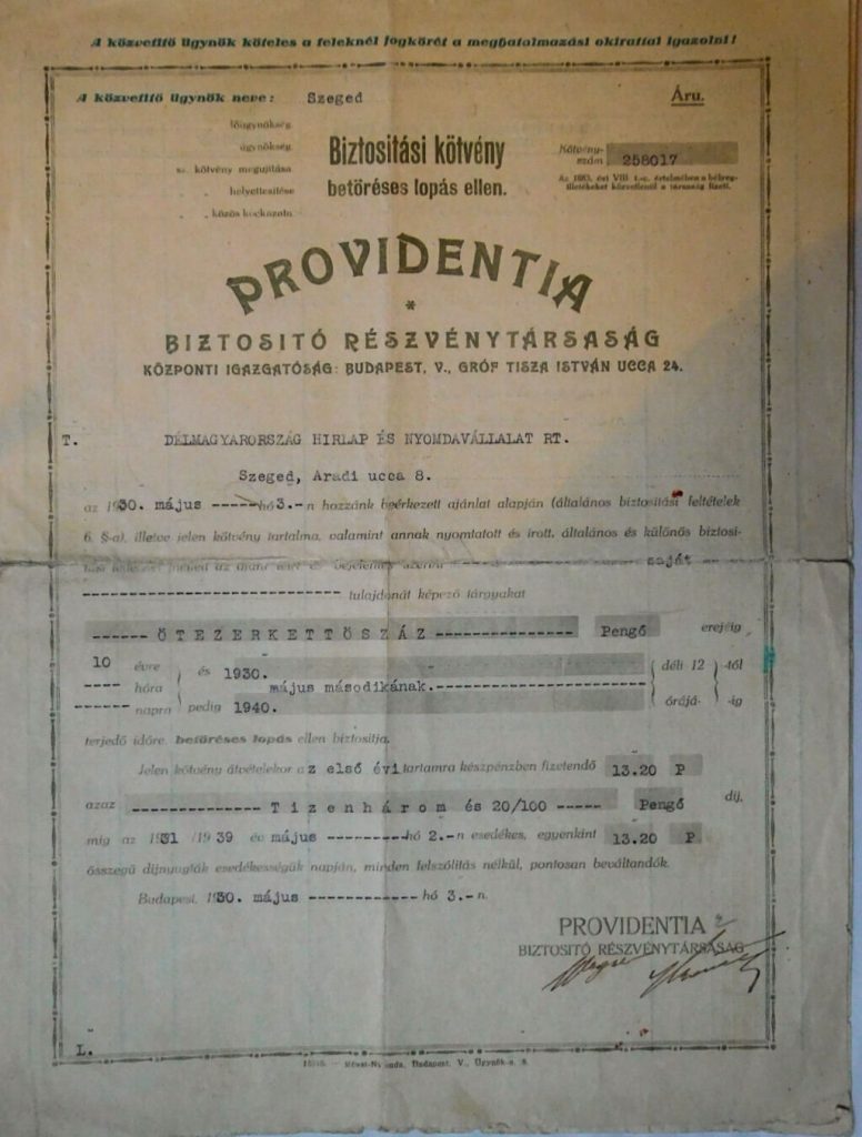 Providentia Biztosító régi kötvény 1930