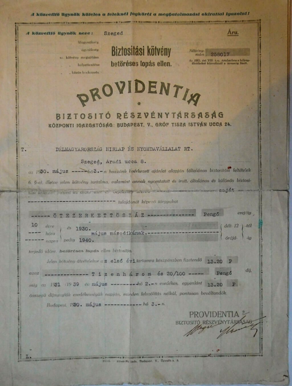 Providentia Biztosító régi kötvény 1930