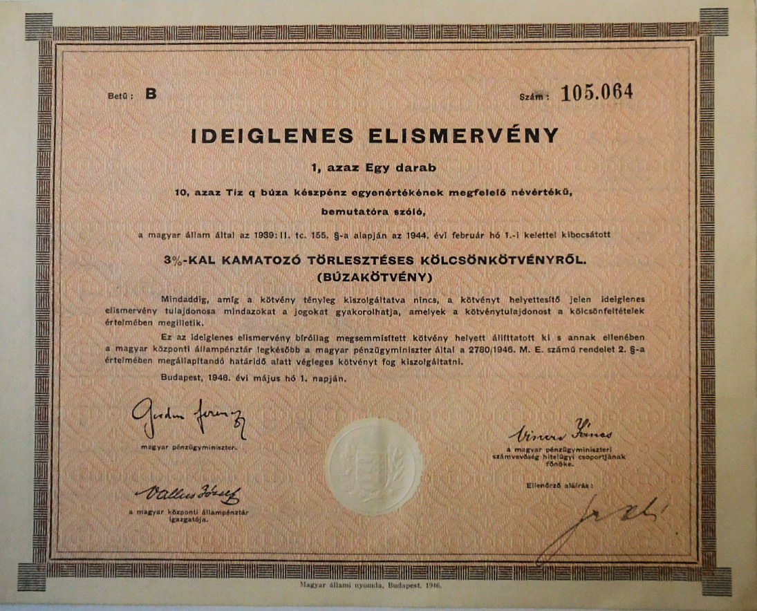 Búzakötvény Ideiglenes Elismervény 1946