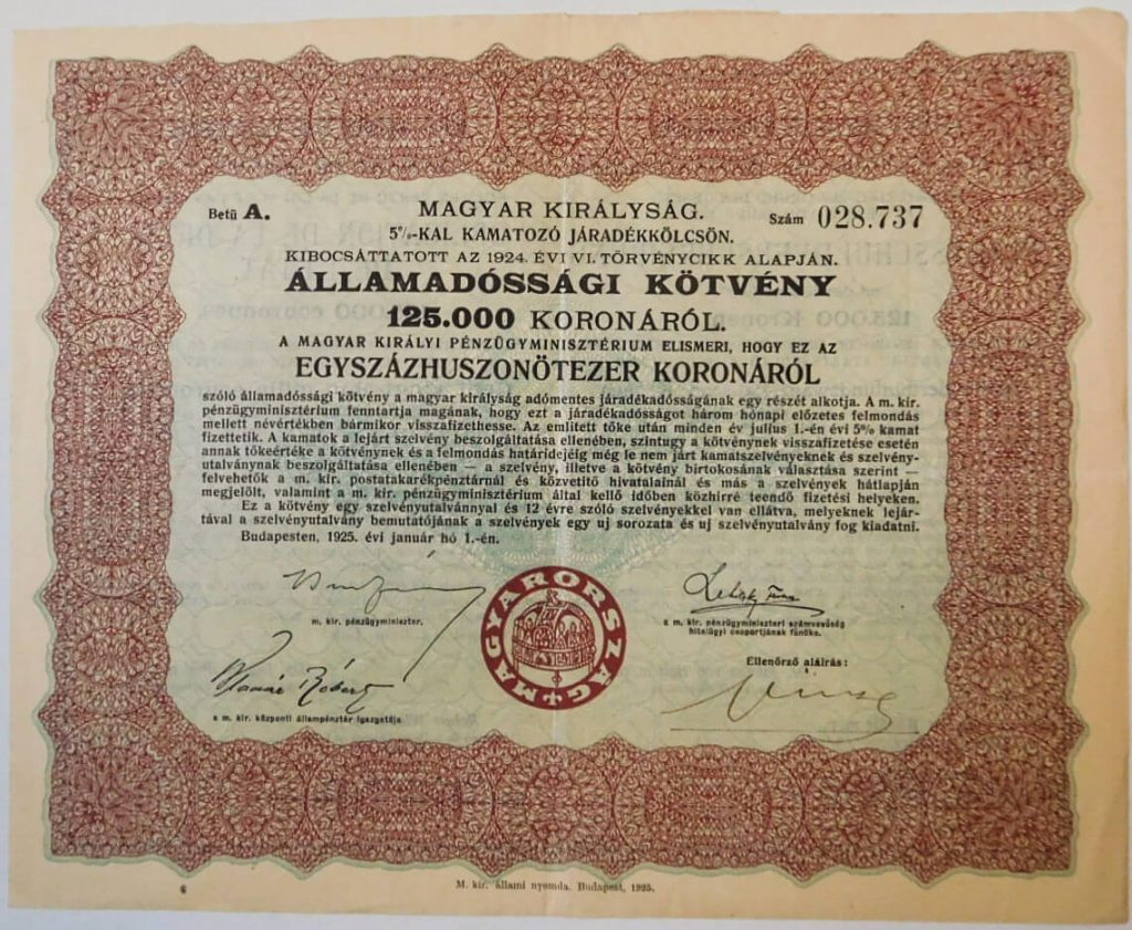 Magyar Királyság Államadóssági Kötvény 1925