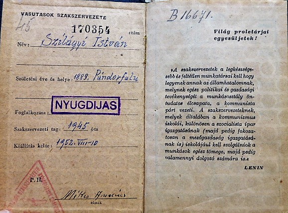 Vasutasok Szakszervezete Tagsági Könyv 1952