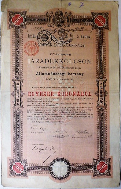 Magyar Korona Országai Járadékkölcsön 1000 korona 1897