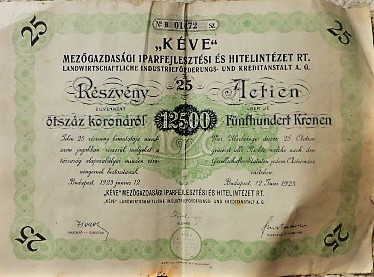 Kéve Mezőgazdasági Iparfejlesztési Hitelintézet RT részvény 1923