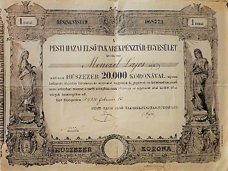 A Pesti Hazai Első Takarékpénztár-Egyesület 1 db részvény 20.000 korona 1924.