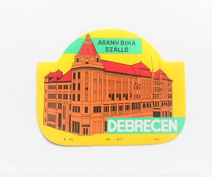 Debrecen Aranybika Szálló retro bőrönd cimke matrica