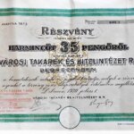 Városi Takarék Hitelintézeti RT Debrecen részvény 1930