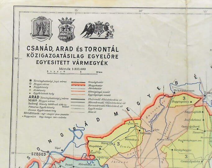 Csanád Arad Torontál közigazgatásilag egyenlőre egyesitett vármegyék régi térkép