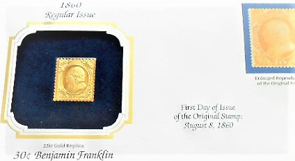 Arany bélyeg 30 C Benjamin Franklin stamp 22 kt Gold Replica