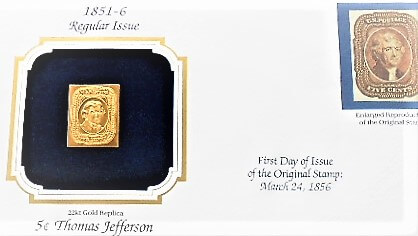 Arany bélyeg 5 c Thomas Jefferson stamp 22 kt Gold Replica