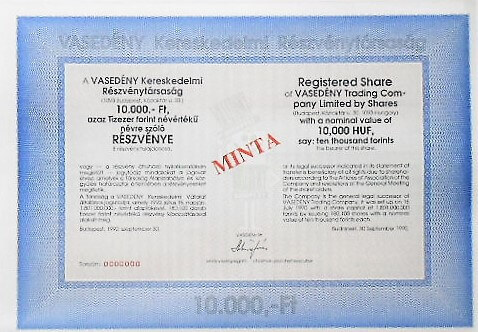 Vasedény Rt részvény minta 1990 10.000