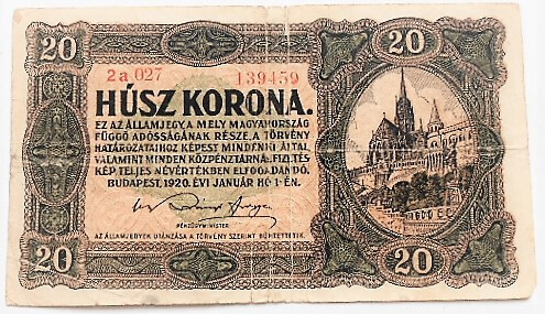 20 Húsz korona 1920 államjegy papírpénz bankjegy