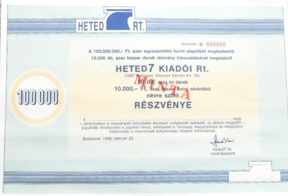 Heted 7 Kiadói RT minta részvény 1990