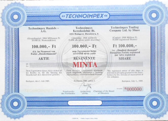 Technoimpex RT. minta részvény 1989