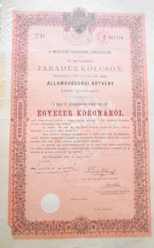 Magyar Korona Országai Járadékkölcsön 1.000 korona 1903