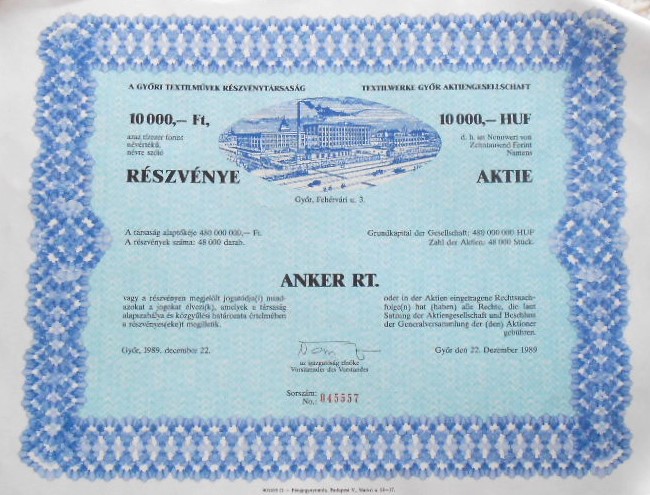 Anker RT Győri Textilművek Rt részvény 1989