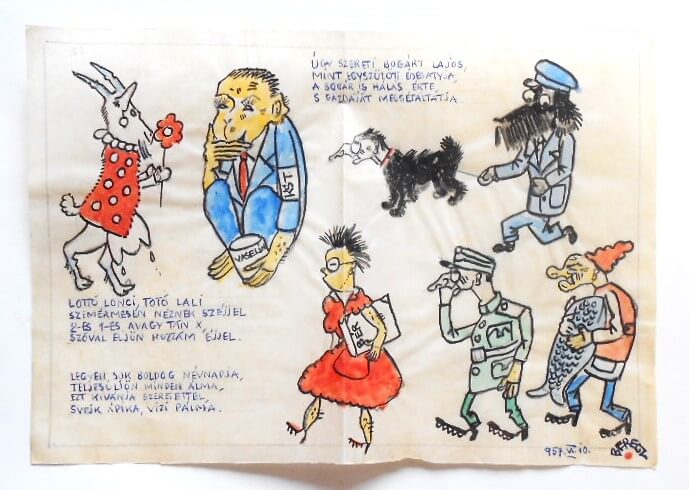 Berecz grafika karikatura Lottó Lonci 1957