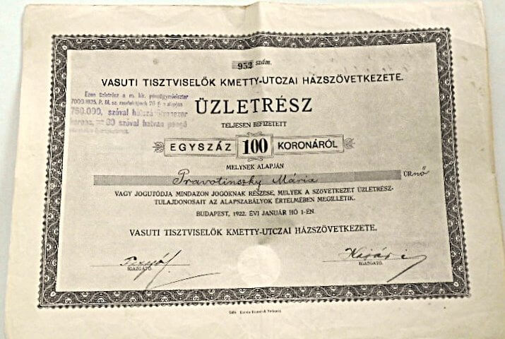 Vasúti Tisztviselők Kmetty-Utczai Házszövetkezete üzletrész 1922