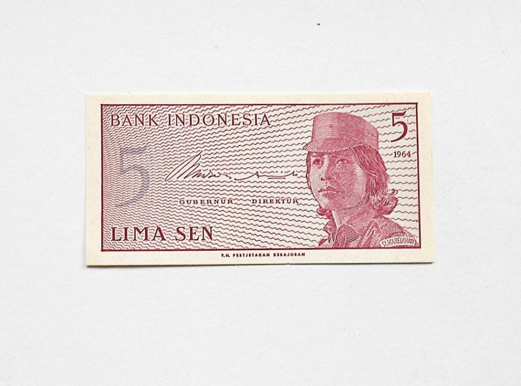 5 Lima Sen 1964 unc bankjegy papírpénz Indonézia