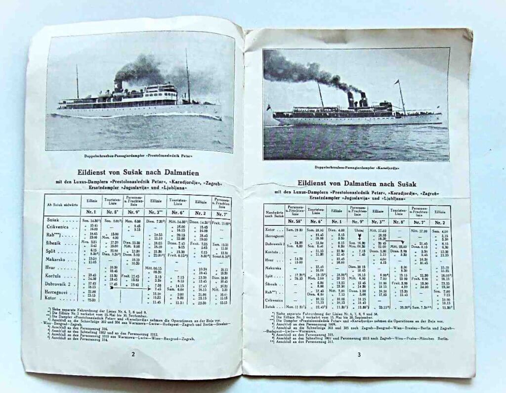 Adria Hajózási RT menetrend 1932 33 Jugoszláv Királyság