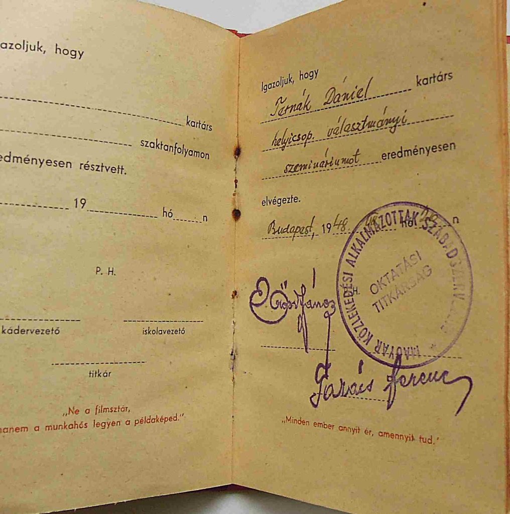 Bizonyítvány Magyar Közlekedési Dolgozók Szabad Szakszervezete 1948