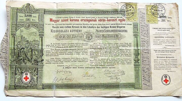 Magyar Szent korona Országainak Vöröskereszt Egylet kisorsolási kötvény 1882