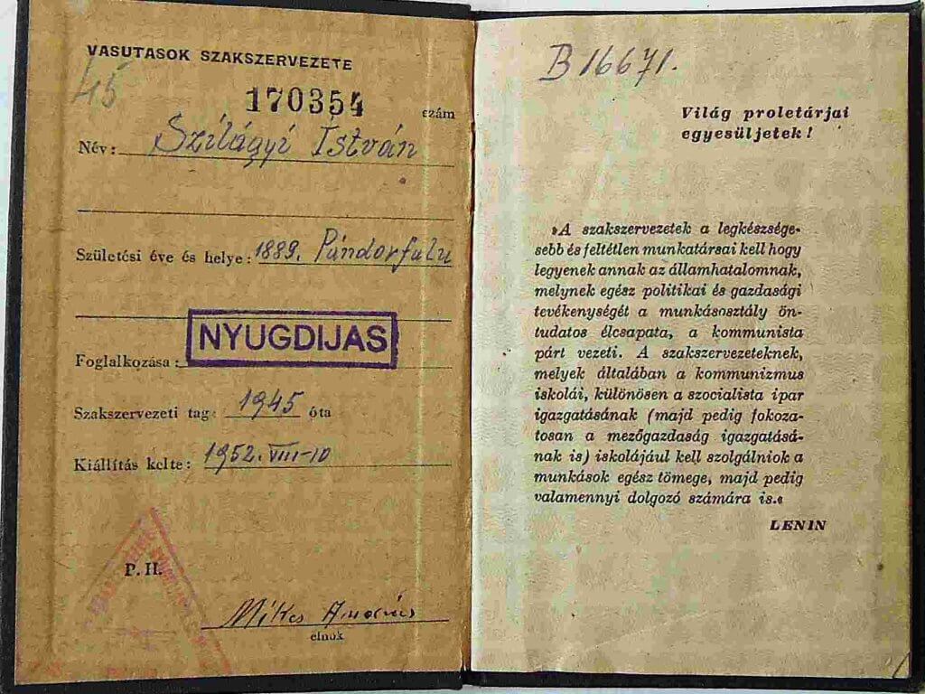 Vasutasok szakszervezeti tagsági könyv 1952
