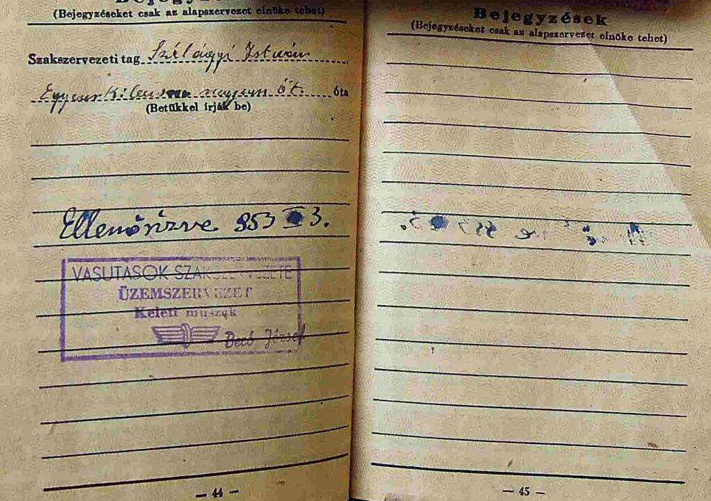 Vasutasok szakszervezeti tagsági könyv 1952