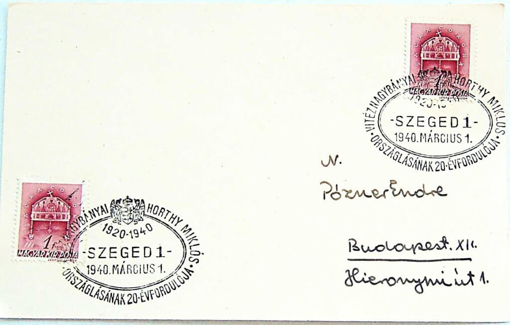 Horthy Miklós országlásának 20 évforduló FDC emlékbélyegző 1940
