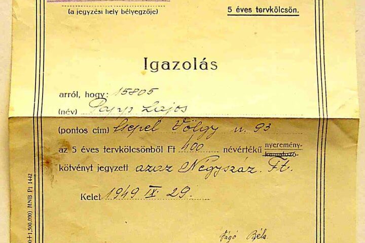 Igazolás 5 éves tervkölcsön nyeremény kötvény 1949