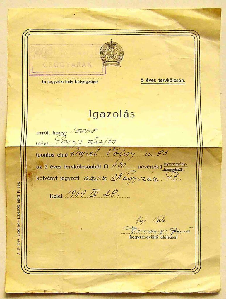 Igazolás 5 éves tervkölcsön nyeremény kötvény 1949 