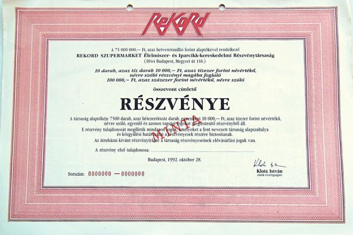 Rekord Szupermarket RT minta részvény 1992