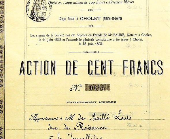 Francia részvény Action De Cent Francs Sociéte Des Conserves Choletaises 1895