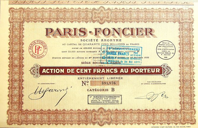 Paris Foncier 1925 régi francia részvény