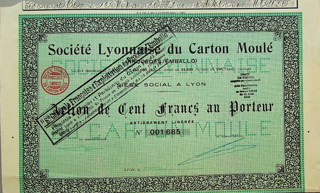 Société Lyonnaise du Carton Moulé 1929 francia részvény