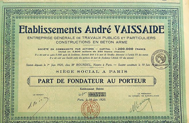 Etablissements André Vaissaire részvény 1920 Párizs