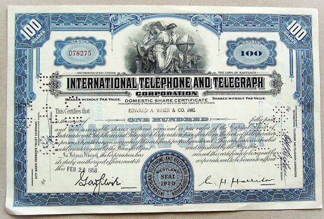 ITT International Telephone and Telegraph 1958 USA részvény