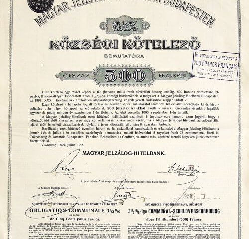 Községi Kötelező 500 Frank Magyar Jelzálog Hitelbank Budapest 1899