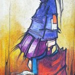 Lány piros táskával festmény Claude szignó