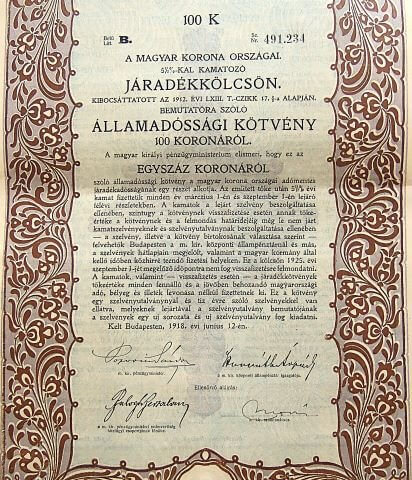 Magyar Államadóssági Kötvény 100 Korona 1918