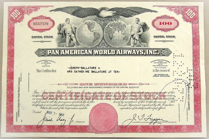 Pan Am USA légitársaság 1968 részvény