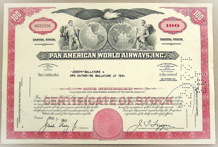 Pan Am USA légitársaság 1968 részvény