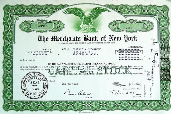 The Merchants Bank of New York részvény 1982 USA