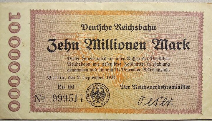 10 millió német Márka DRB német vasút kiadás 1923 Berlin